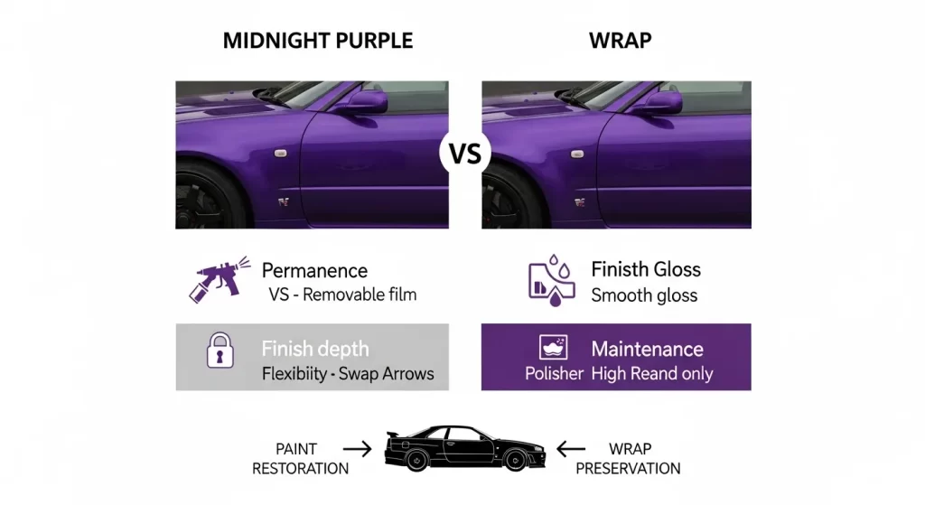 comparing Midnight Purple paint vs vinyl wrap